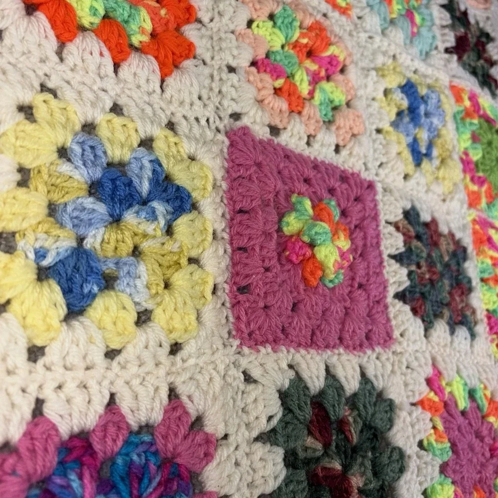 Vintage Granny Square Crochet Lap Blanket Afghan Throw GrandmaCore Chic Handmade